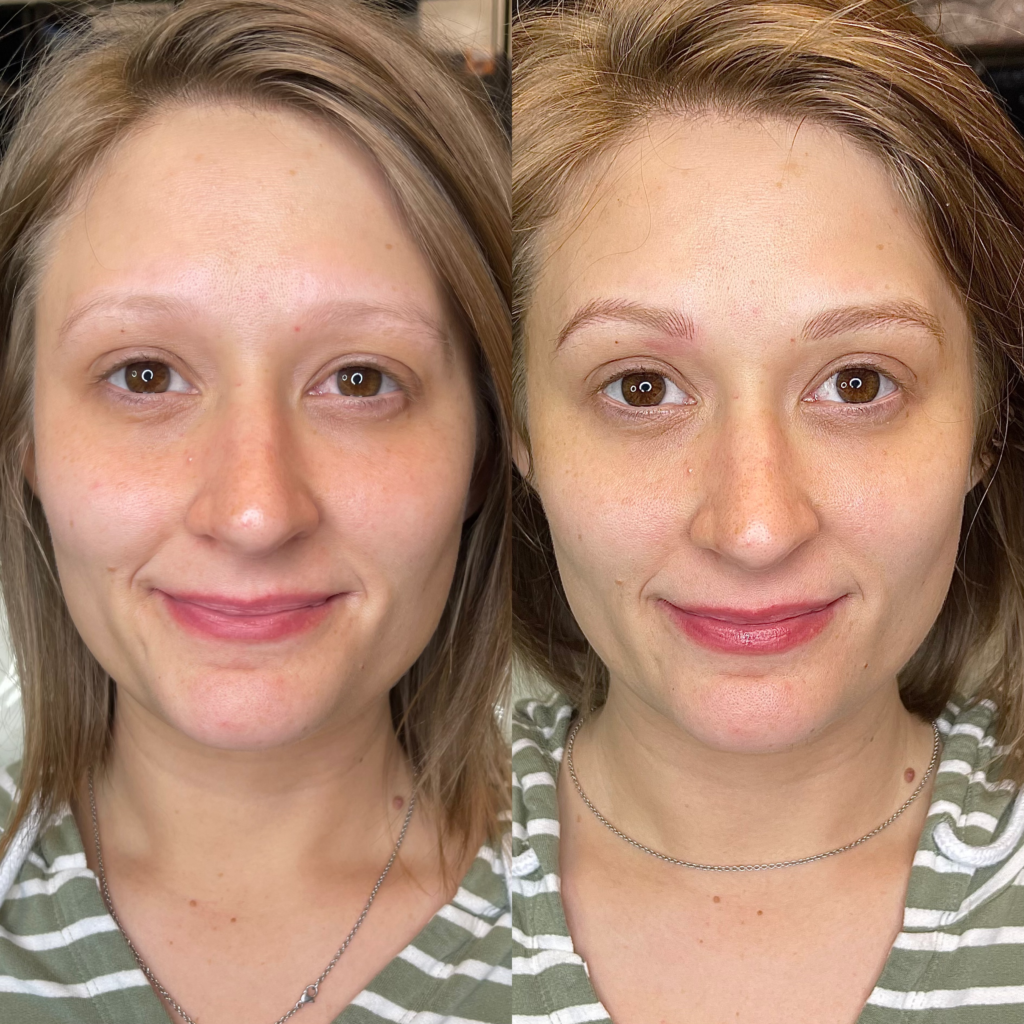 Woman with light eyebrows smiling from receiving nanp brows eyebrow tattoo